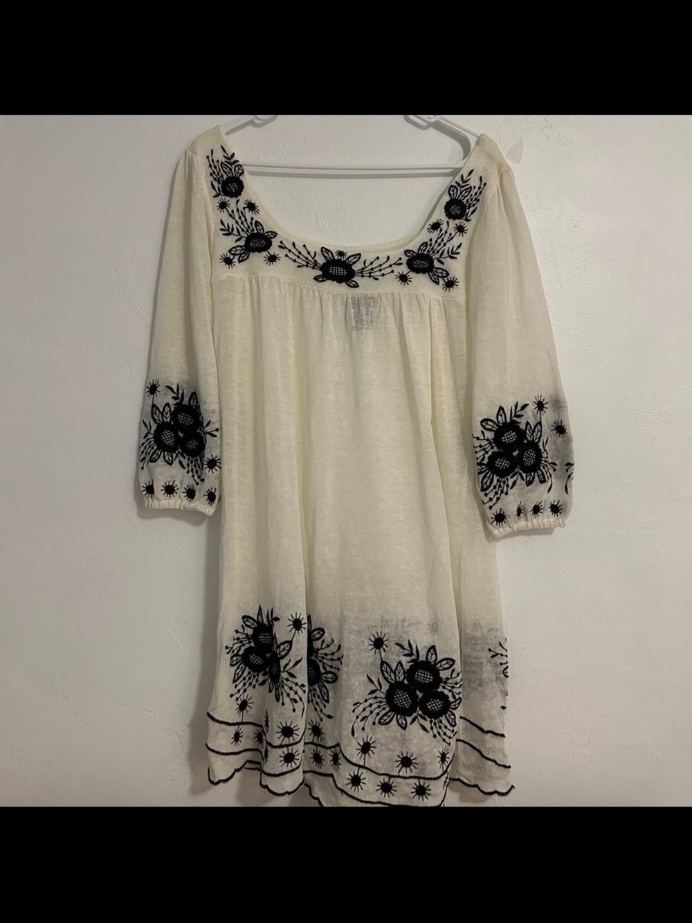 Yuka Embroidered Boho Cream Dress with Black Floral Accents XL